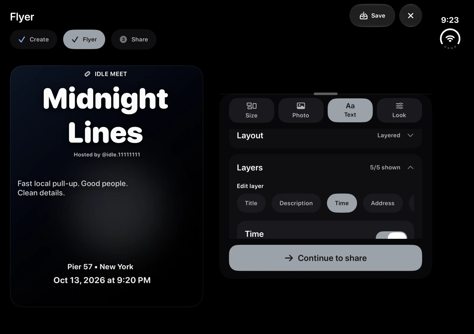 Flyer Studio in Duo’s unfolded landscape layout, with a meet flyer preview on the left and Size, Photo, Text, Look and Layers controls on the right.