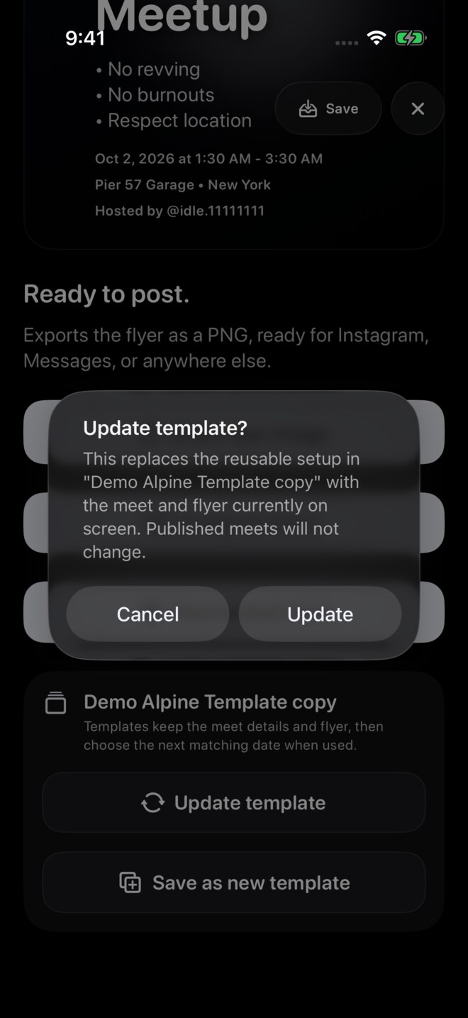 Update template confirmation naming the selected copy.