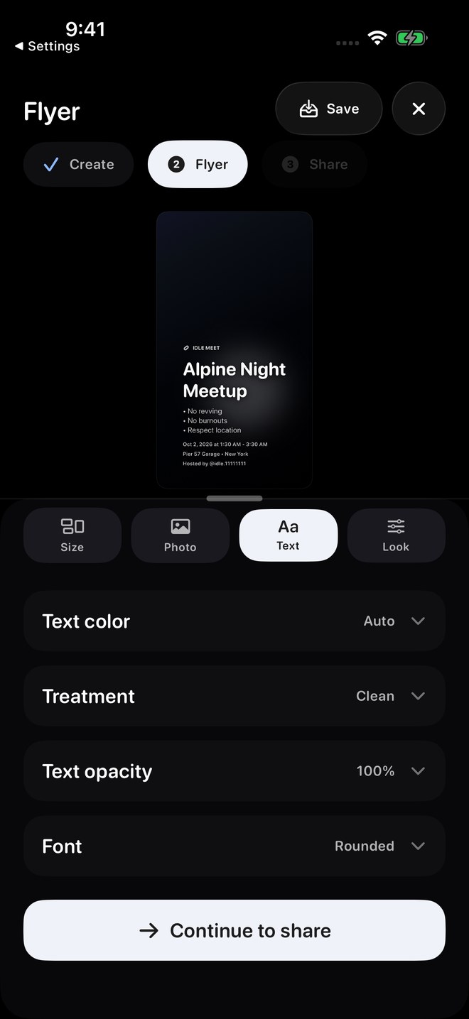 Flyer Text controls for colour, treatment, opacity and font.
