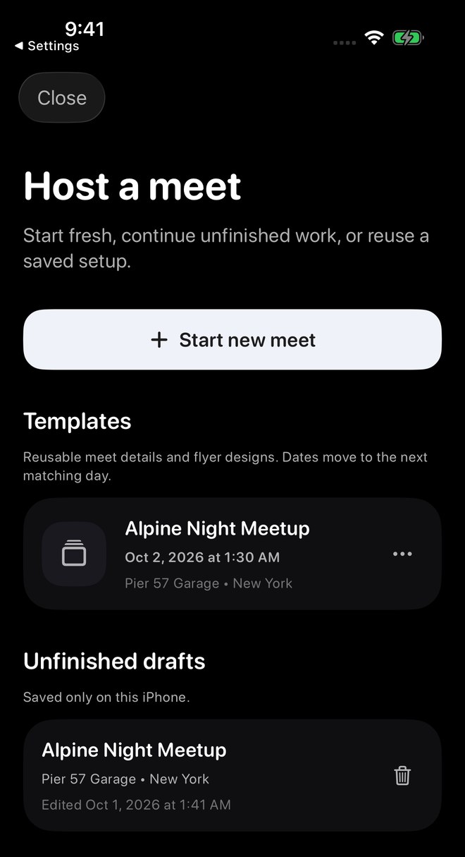 Host chooser with Templates and Unfinished drafts.