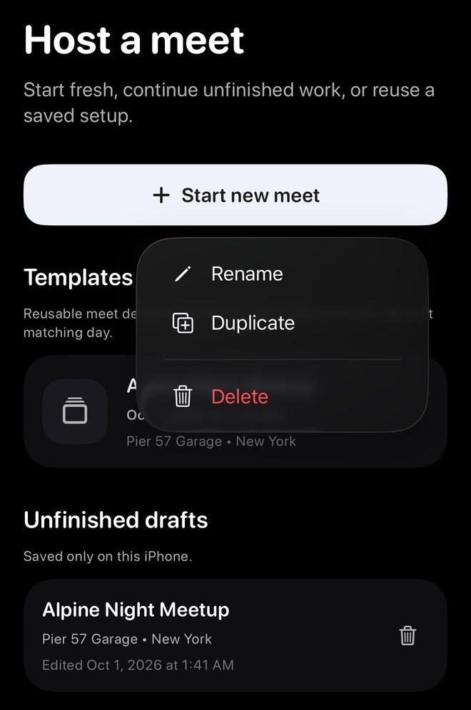 Template menu with Rename, Duplicate and Delete.
