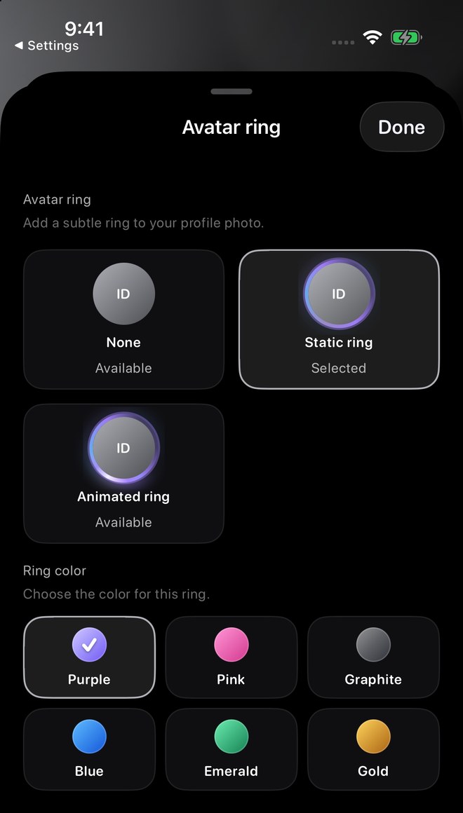 Avatar ring choices and ring colours.