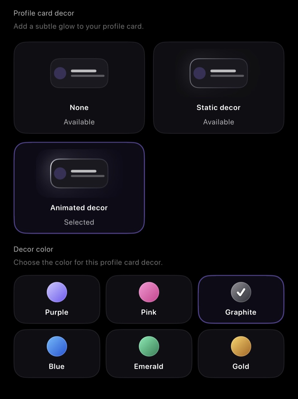 Idle profile card decor options with static decor, animated decor, and color choices