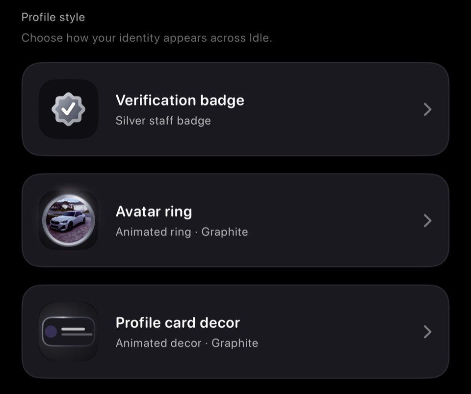 Idle Profile style screen showing verification badge, avatar ring, and profile card decor rows