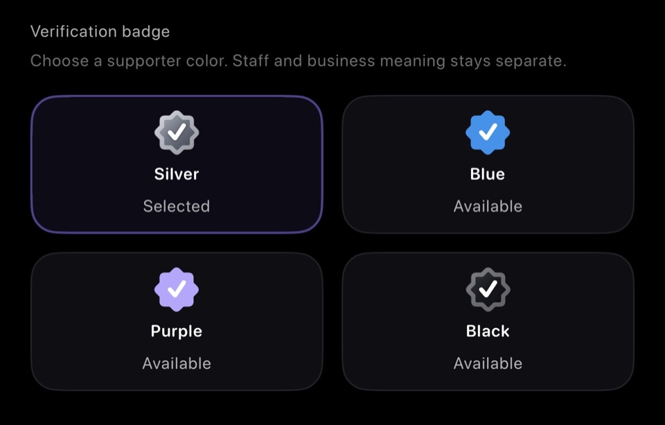 Idle verification badge color choices showing Silver, Blue, Purple, and Black