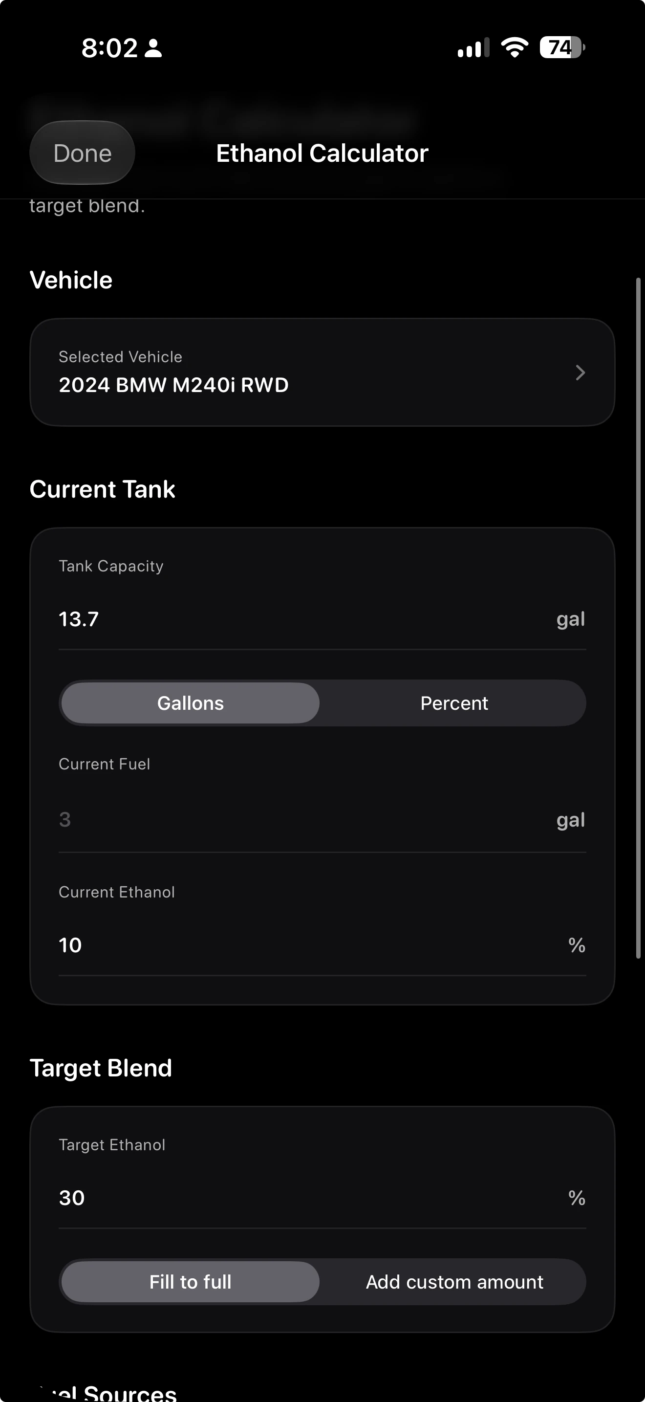 Idle ethanol calculator showing current fuel, target ethanol, and blend inputs