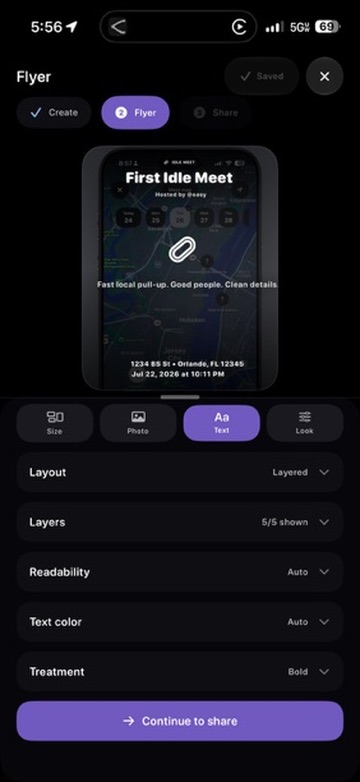 Idle meet editor showing a car meet flyer and editable event details
